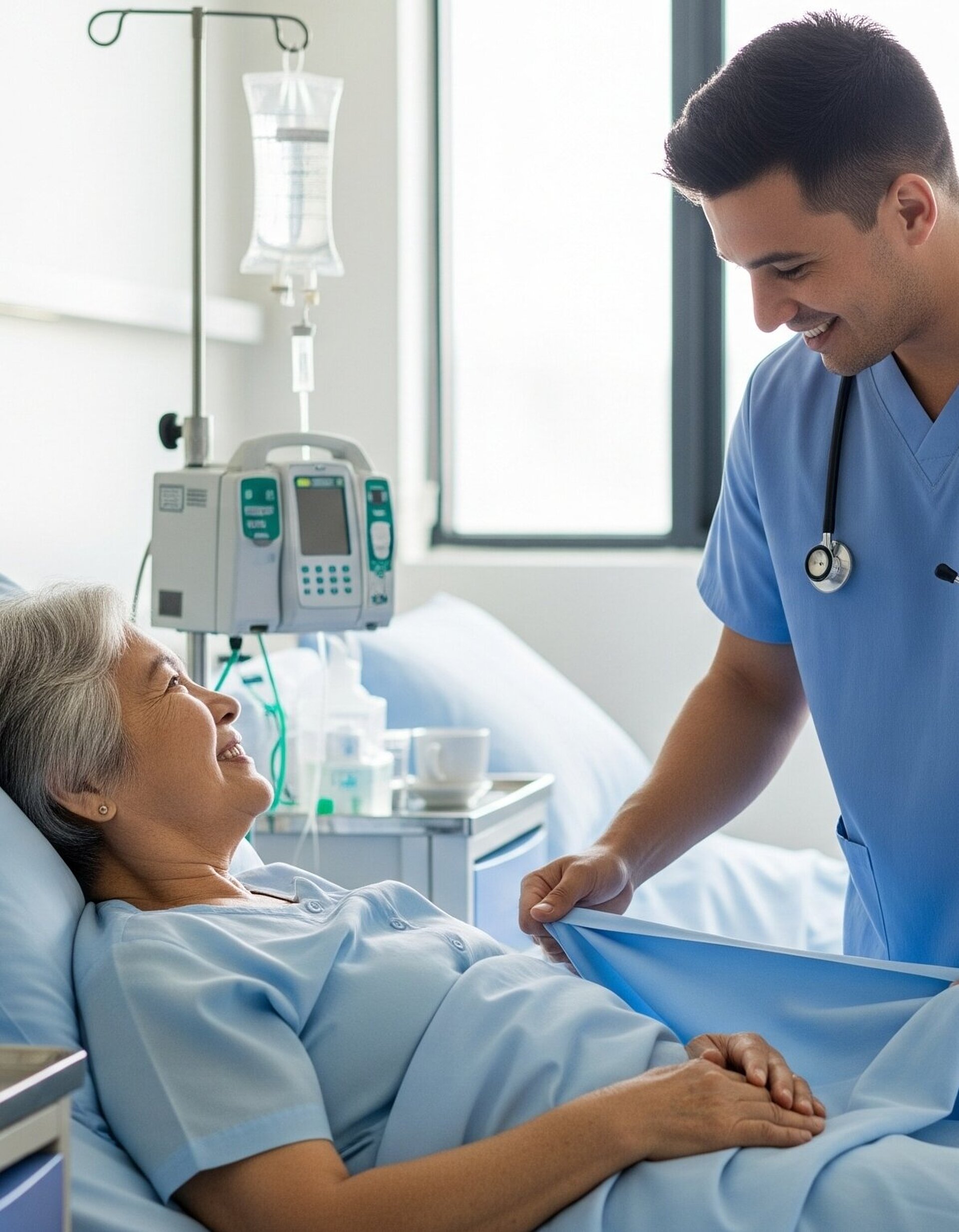 Caring male nurse adjusting hospital bed sheets for a smiling senior female patient