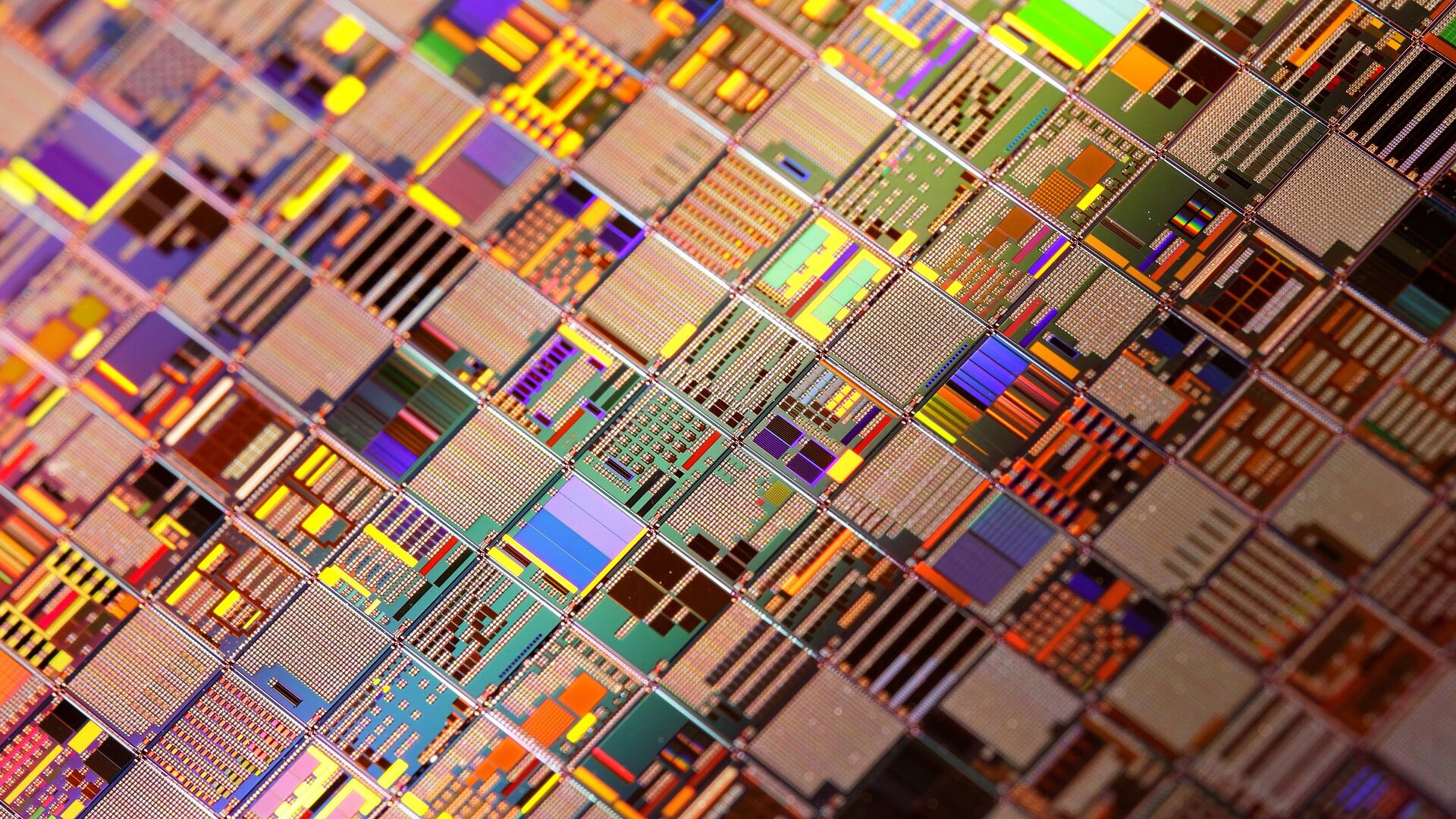 A view of a colorful semiconductor chip wafer