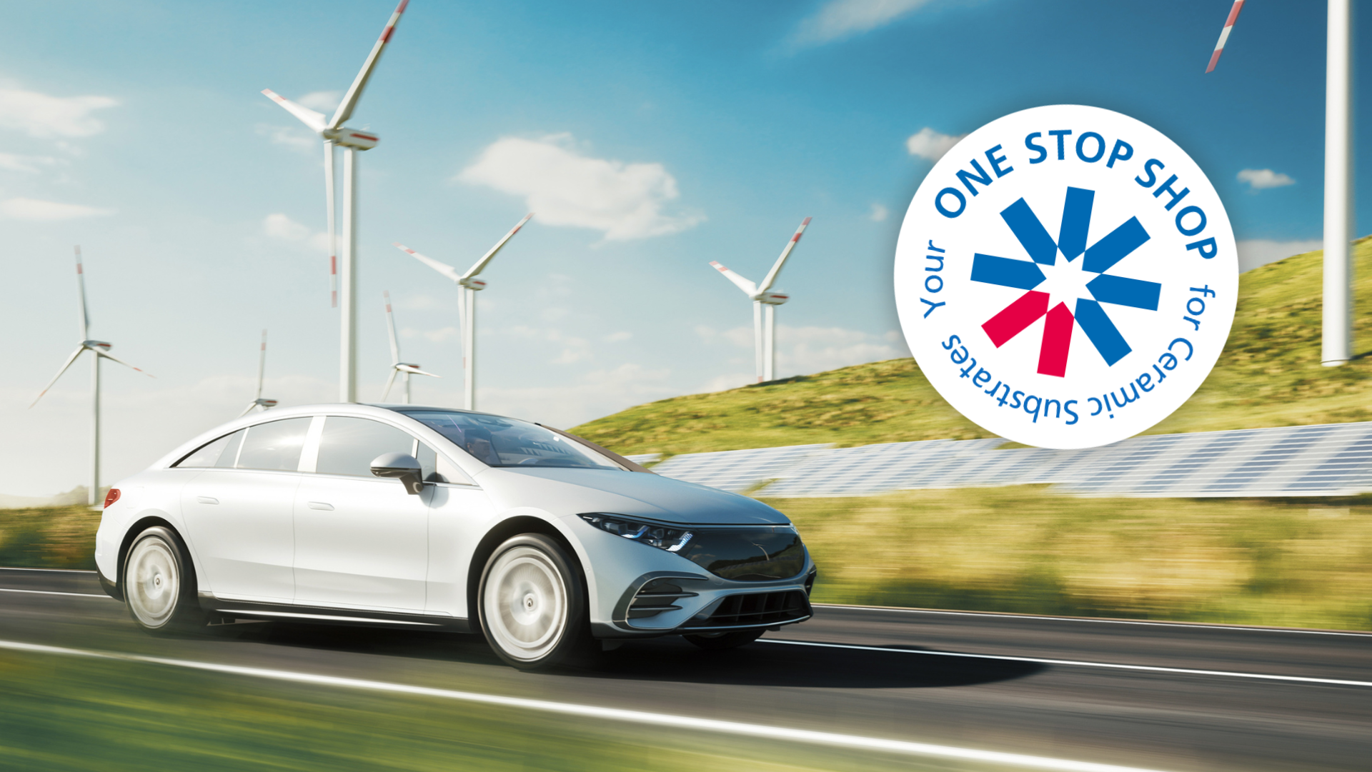 A modern electric car is driving on a country road, next to it the Substrate-One-Stop-Shop logo from CeramTec.