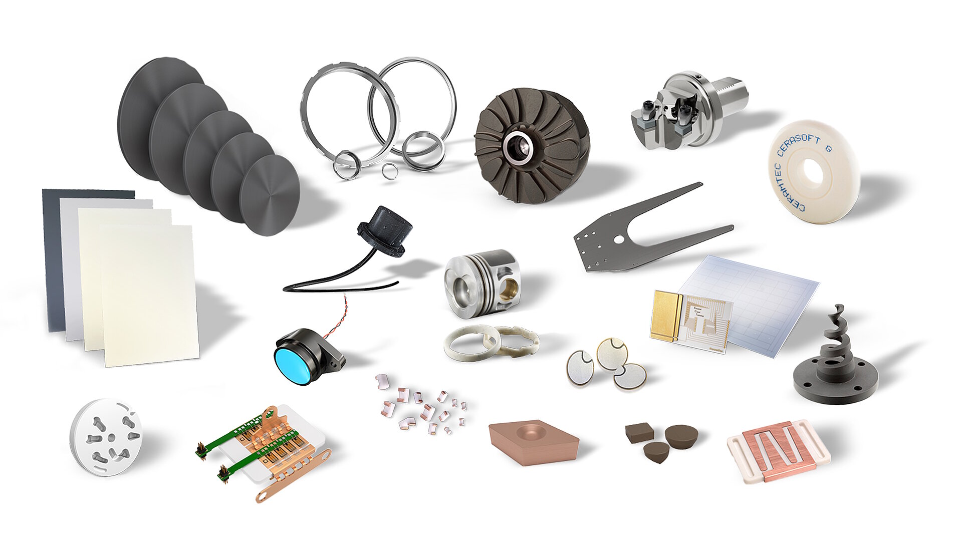 Wide range of advanced ceramic products from CeramTec Industrial in front of a white background