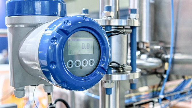 Measuring sensor with blue border in front of a plant