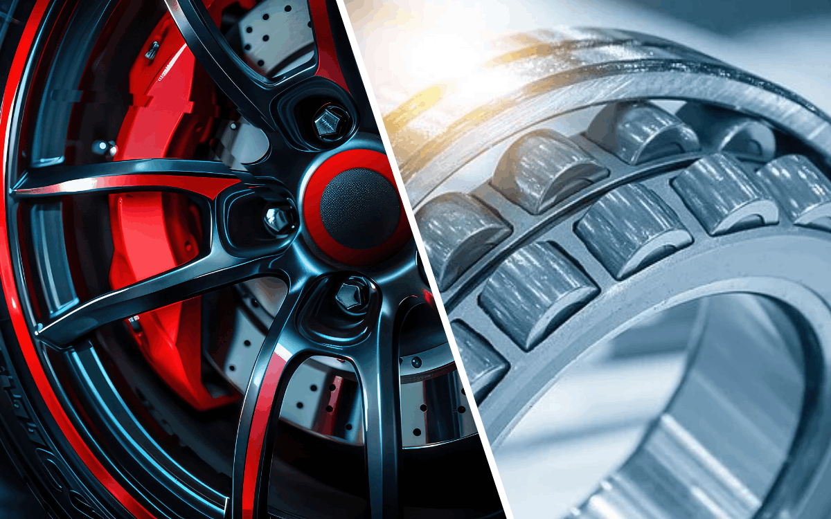 Composite image showing a brake disc of a modern sports car on the left and a rolling bearing roller on the right